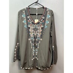 KOMILI Gray Embroidered Tunic Womens XL V Neck Long Sleeve Rayon Top Blouse